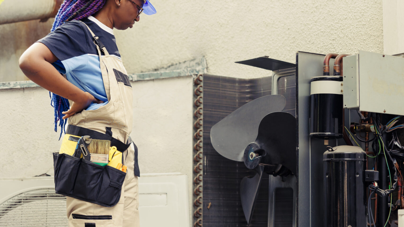 Licensed mechanic looking at opened external air conditioner, puzzled about malfunctioning internal parts. African american repairman struggling to find faulty component in out of order hvac system