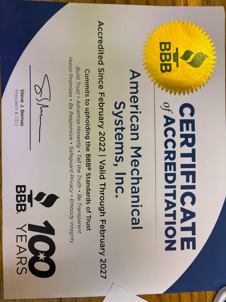 American Mechanical Systems, Inc. BBB Certificate of Accreditation — accredited since February 2022, valid through February 2027